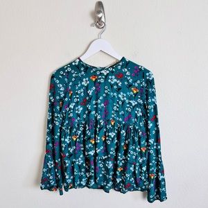Zara Trafaluc Green Floral Ruffle Peplum Long Sleeve Blouse